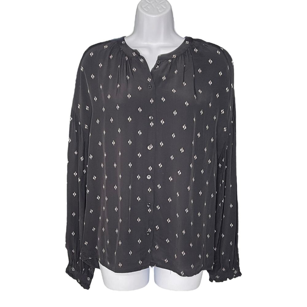 Something Navy Blouse Rayon Button Down Black Floral Large